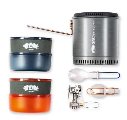 GSI Halulite Cookset includes, pot, two nesting bowls, two sporks, and a small backpacking stove