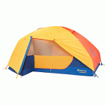 Tent with rainfly. Rainfly is yellow and orange