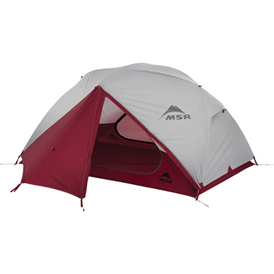 Tent rainfly that is gray with a red door