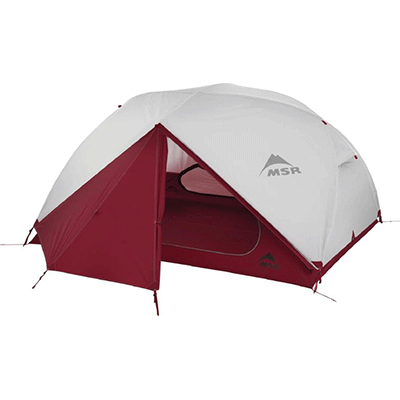 3 person tent with grey and red rainfly