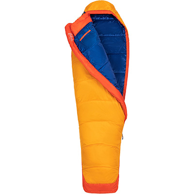 children's sleeping bag in yellow, orange, and blue