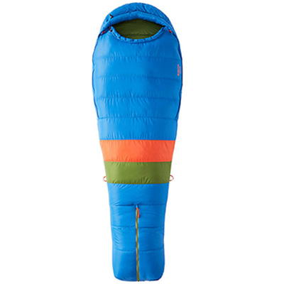 blue orange and green sleeping bag
