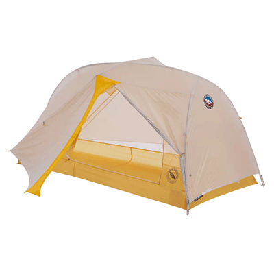 Yellow tent with opaque rainfly