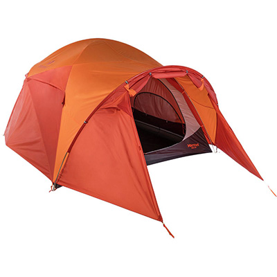 orange rainfly covered 6 person tent