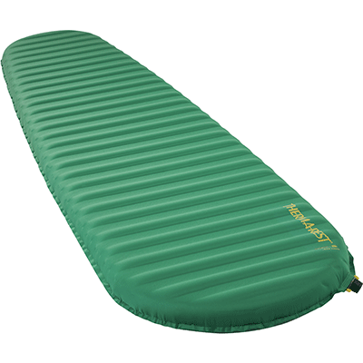 Green sleeping pad, angled view